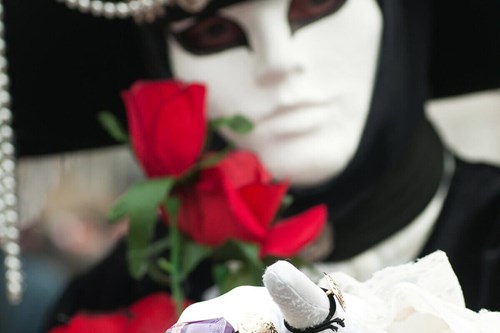 persona mascherata da carnevale a venezia con rosa