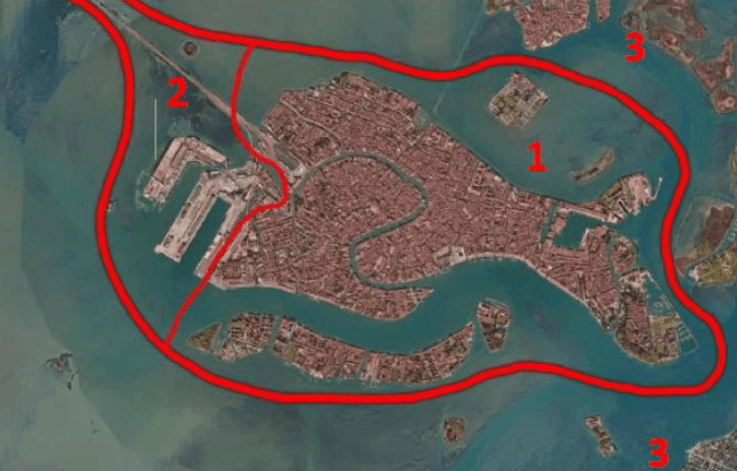 map of Venice with zones 1-2-3 for access fee