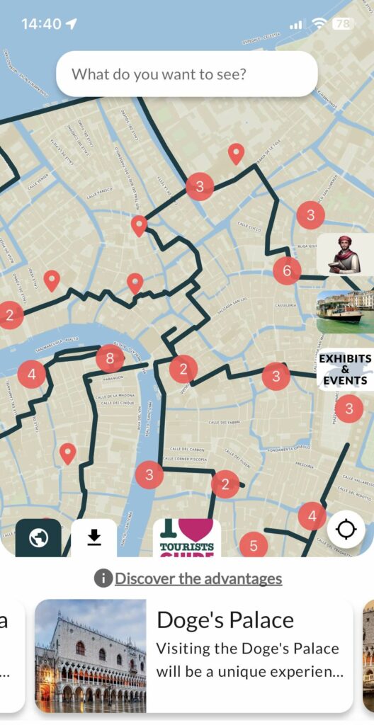 Digital map of Venice’s historic center featuring routes, landmarks, and guided paths for an immersive experience