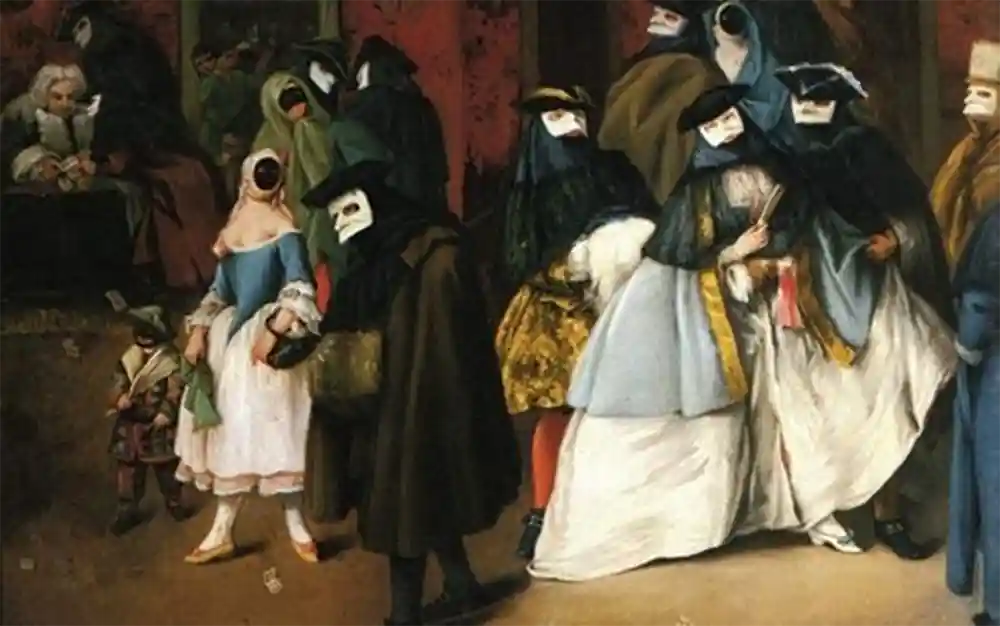 Scena di Carnevale veneziano in un dipinto del XVIII secolo con figure mascherate in abiti d’epoca e bauta bianca