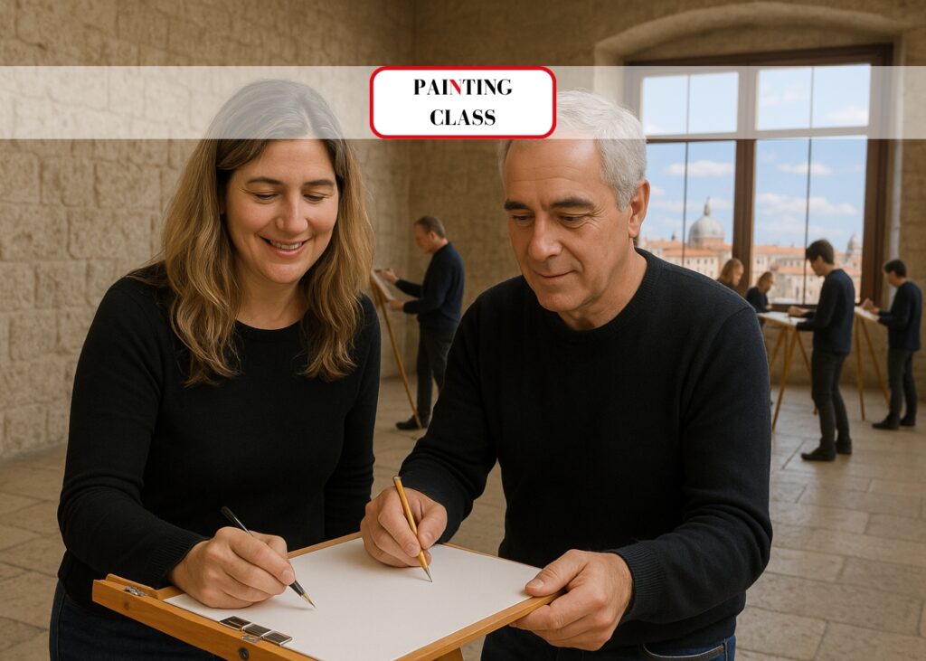 Watercolor artist with student teaching her how to paint