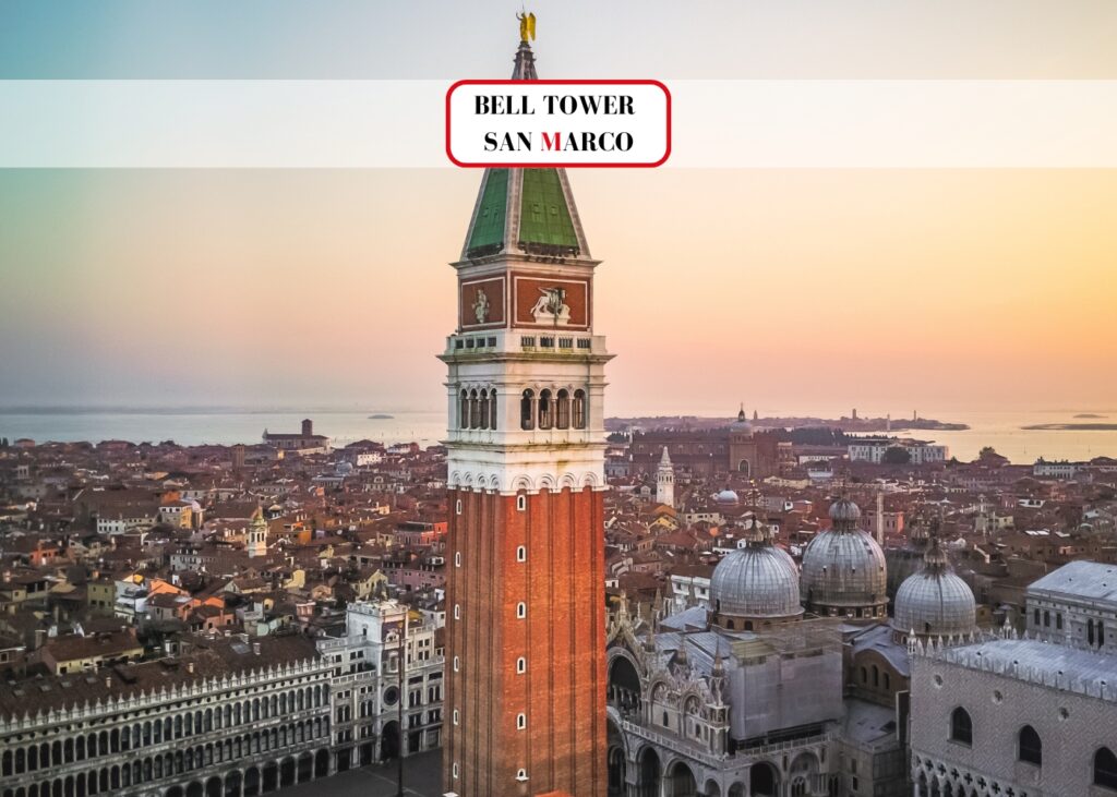 Bell tower and Venetian lagoon, overhead view